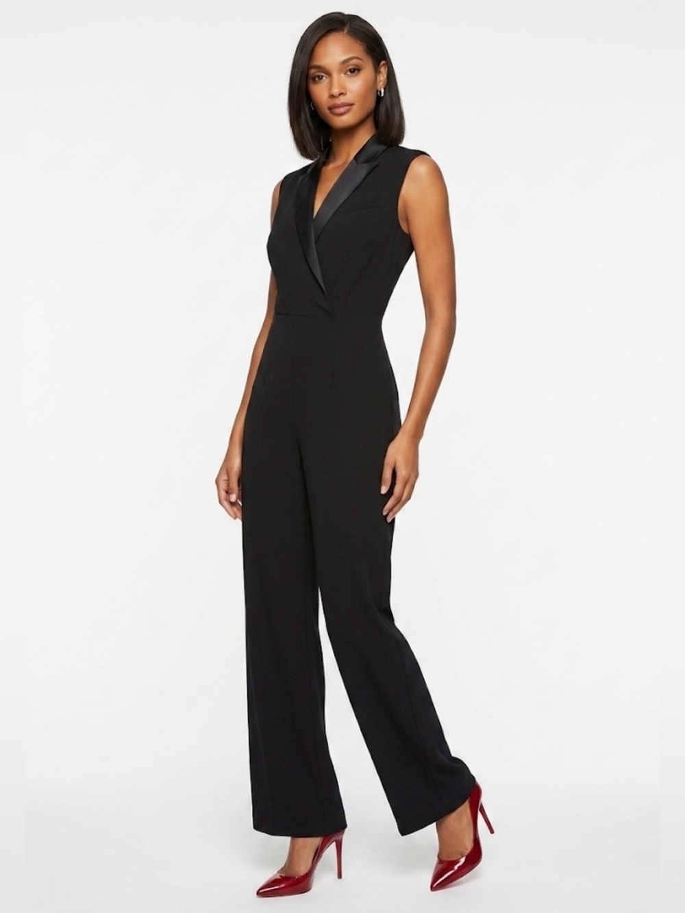 Betsey Johnson Black Tuxedo Jumpsuit Sleeveless Satin Lapel Wide Leg Size 6